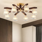 Contemporary Retro Cup Walnut Wood Copper Glass 5/6/8/10-light Semi-flush Mount Ceiling Light for Bedroom