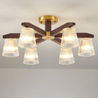 Contemporary Retro Cup Walnut Wood Copper Glass 5/6/8/10-light Semi-flush Mount Ceiling Light for Bedroom