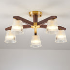 Contemporary Retro Cup Walnut Wood Copper Glass 5/6/8/10-light Semi-flush Mount Ceiling Light for Bedroom