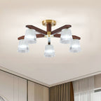 Contemporary Retro Cup Walnut Wood Copper Glass 5/6/8/10-light Semi-flush Mount Ceiling Light for Bedroom