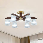 Contemporary Retro Cup Walnut Wood Copper Glass 5/6/8/10-light Semi-flush Mount Ceiling Light for Bedroom