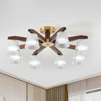 Contemporary Retro Cup Walnut Wood Copper Glass 5/6/8/10-light Semi-flush Mount Ceiling Light for Bedroom