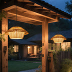 Traditional Rustic Waterproof Solar USB Mushroom Rattan Weaving Iron Outdoor LED Pendant Light Landscape Lighting for Garden BulbSquare