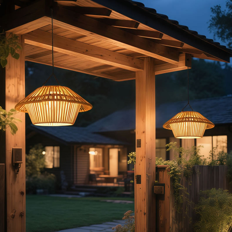 Traditional Rustic Waterproof Solar USB Mushroom Rattan Weaving Iron Outdoor LED Pendant Light Landscape Lighting for Garden BulbSquare