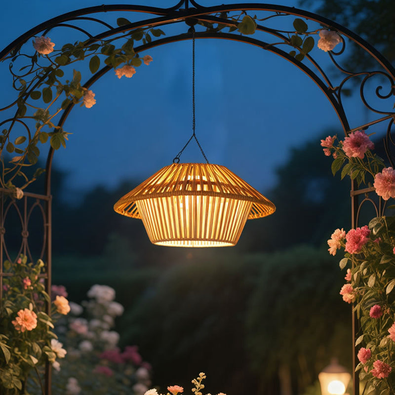 Traditional Rustic Waterproof Solar USB Mushroom Rattan Weaving Iron Outdoor LED Pendant Light Landscape Lighting for Garden BulbSquare