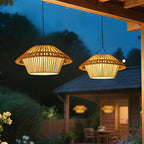 Traditional Rustic Waterproof Solar USB Mushroom Rattan Weaving Iron Outdoor LED Pendant Light Landscape Lighting for Garden BulbSquare
