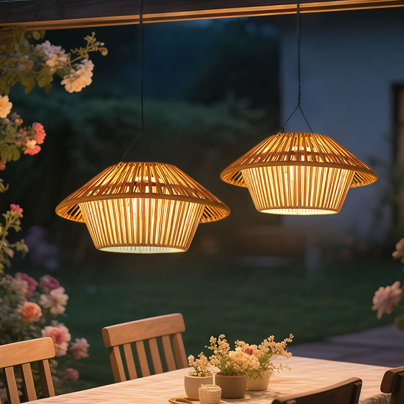 Traditional Rustic Waterproof Solar USB Mushroom Rattan Weaving Iron Outdoor LED Pendant Light Landscape Lighting for Garden BulbSquare