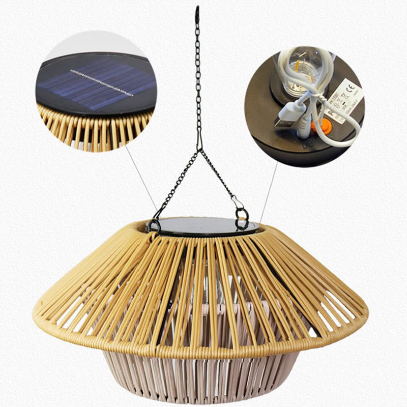 Traditional Rustic Waterproof Solar USB Mushroom Rattan Weaving Iron Outdoor LED Pendant Light Landscape Lighting for Garden BulbSquare