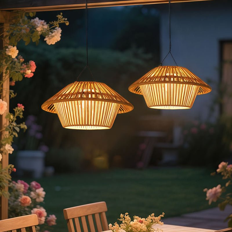 Traditional Rustic Waterproof Solar USB Mushroom Rattan Weaving Iron Outdoor LED Pendant Light Landscape Lighting for Garden BulbSquare