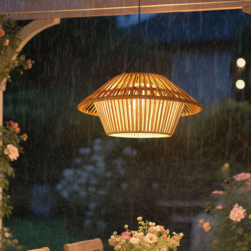 Traditional Rustic Waterproof Solar USB Mushroom Rattan Weaving Iron Outdoor LED Pendant Light Landscape Lighting for Garden BulbSquare