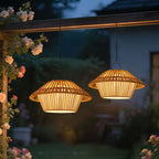 Traditional Rustic Waterproof Solar USB Mushroom Rattan Weaving Iron Outdoor LED Pendant Light Landscape Lighting for Garden BulbSquare