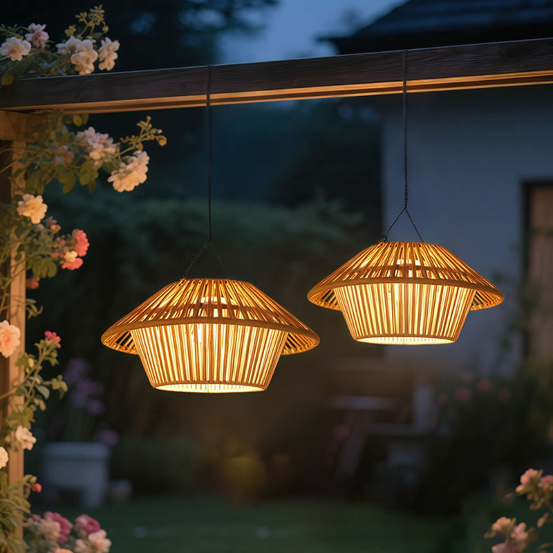 Traditional Rustic Waterproof Solar USB Mushroom Rattan Weaving Iron Outdoor LED Pendant Light Landscape Lighting for Garden BulbSquare