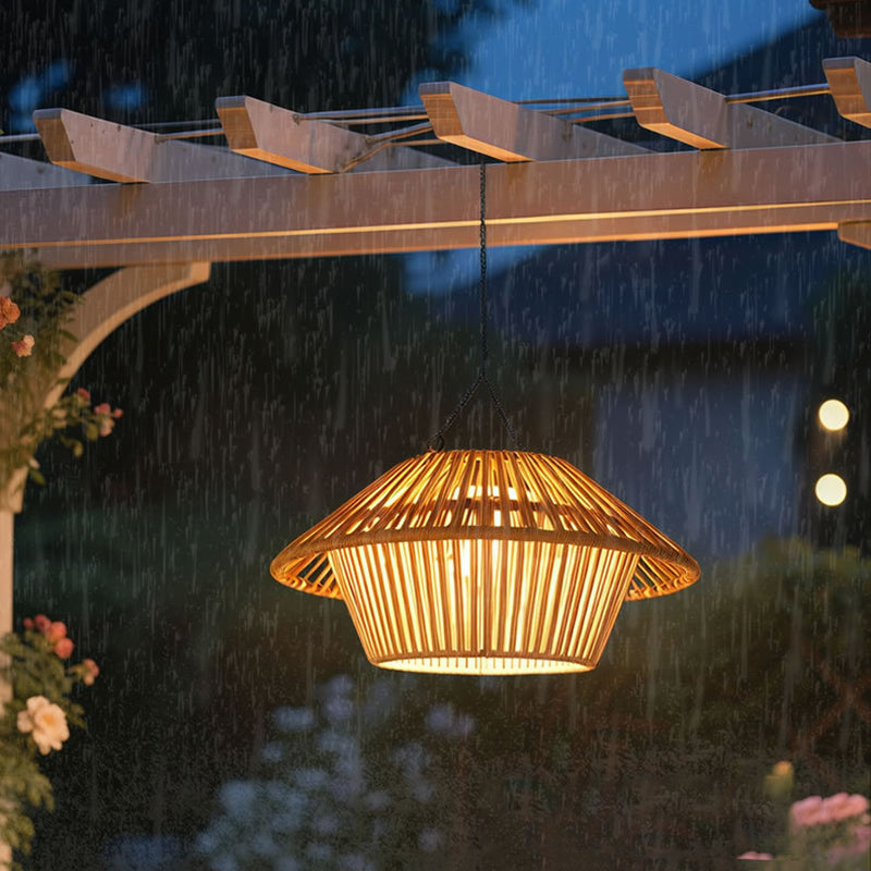 Traditional Rustic Waterproof Solar USB Mushroom Rattan Weaving Iron Outdoor LED Pendant Light Landscape Lighting for Garden BulbSquare
