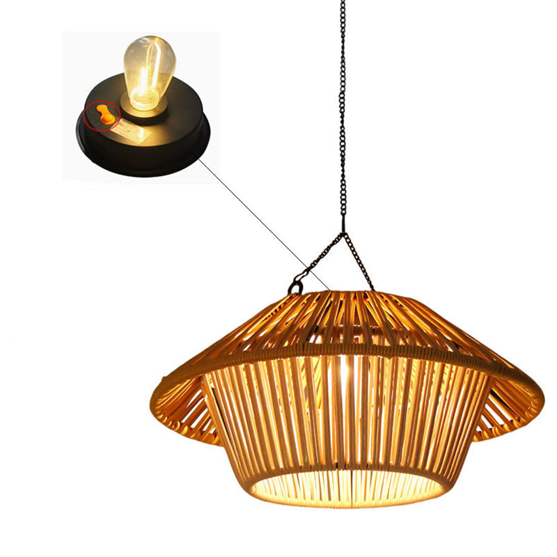 Traditional Rustic Waterproof Solar USB Mushroom Rattan Weaving Iron Outdoor LED Pendant Light Landscape Lighting for Garden BulbSquare