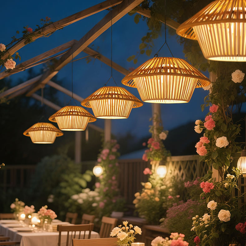 Traditional Rustic Waterproof Solar USB Mushroom Rattan Weaving Iron Outdoor LED Pendant Light Landscape Lighting for Garden BulbSquare