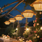 Traditional Rustic Waterproof Solar USB Mushroom Rattan Weaving Iron Outdoor LED Pendant Light Landscape Lighting for Garden BulbSquare