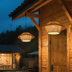 Traditional Rustic Waterproof Solar USB Mushroom Rattan Weaving Iron Outdoor LED Pendant Light Landscape Lighting for Garden BulbSquare