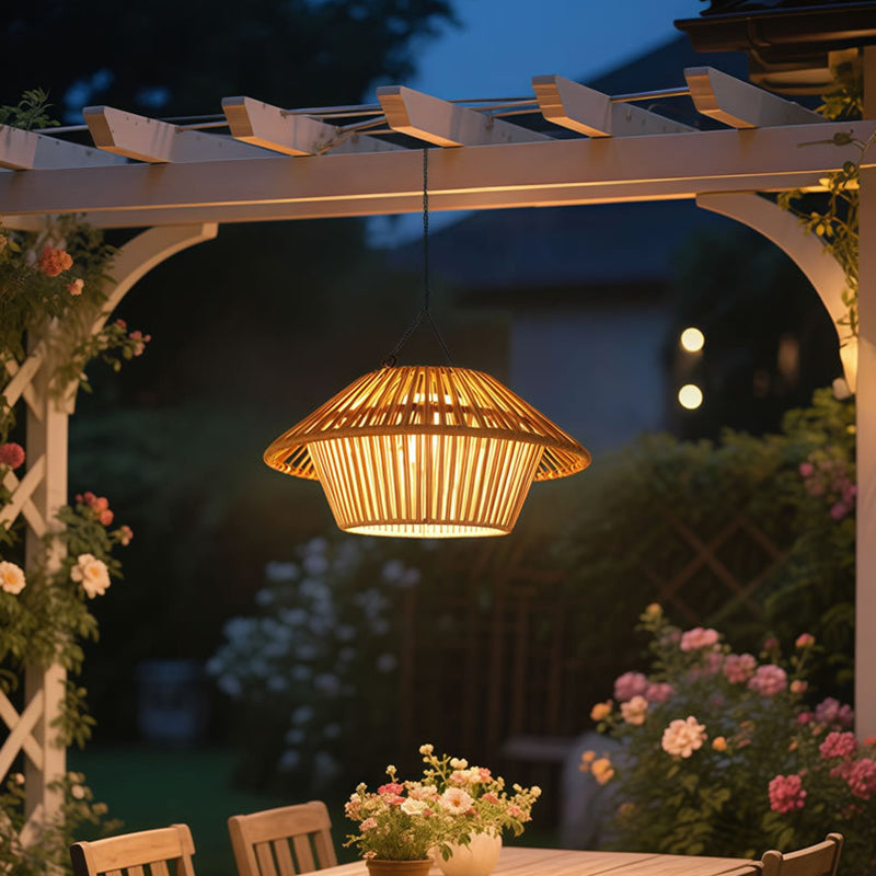 Traditional Rustic Waterproof Solar USB Mushroom Rattan Weaving Iron Outdoor LED Pendant Light Landscape Lighting for Garden BulbSquare