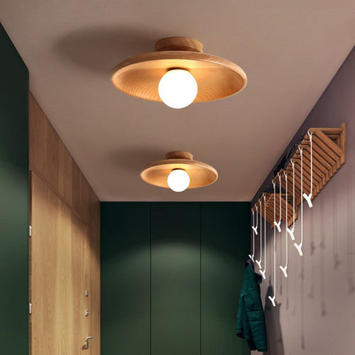 Modern Minimalist Round Solid Wood 1-light Semi-flush Mount Ceiling Light for Entryway