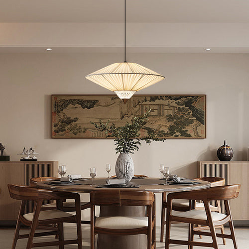 Traditional Vintage Rhombus Metal Fabric Crystal 3/4-Light Liftable Pendant Light For Dining Room