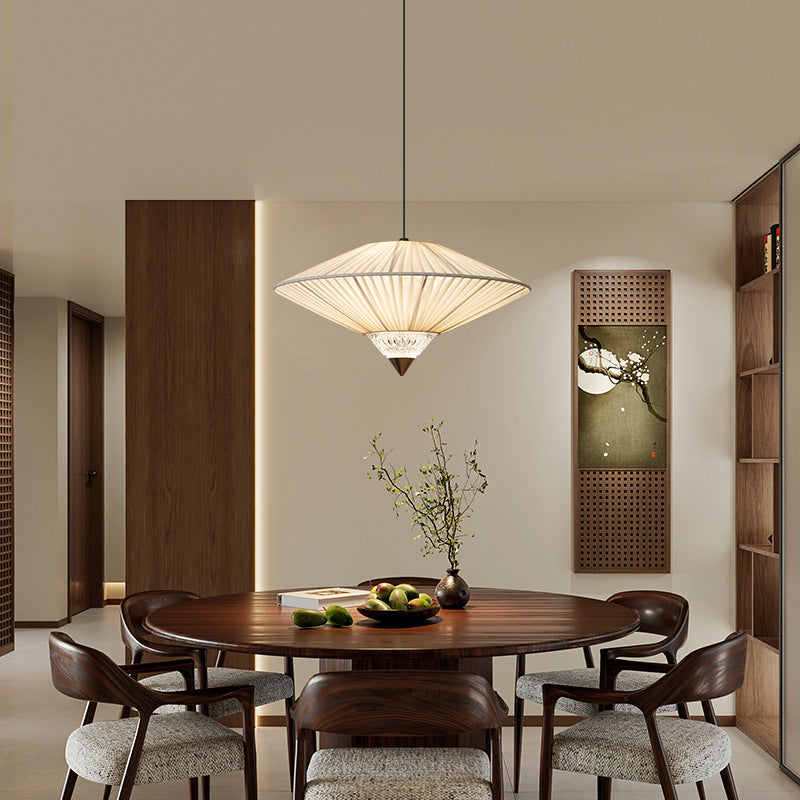 Traditional Vintage Rhombus Metal Fabric Crystal 3/4-Light Liftable Pendant Light For Dining Room