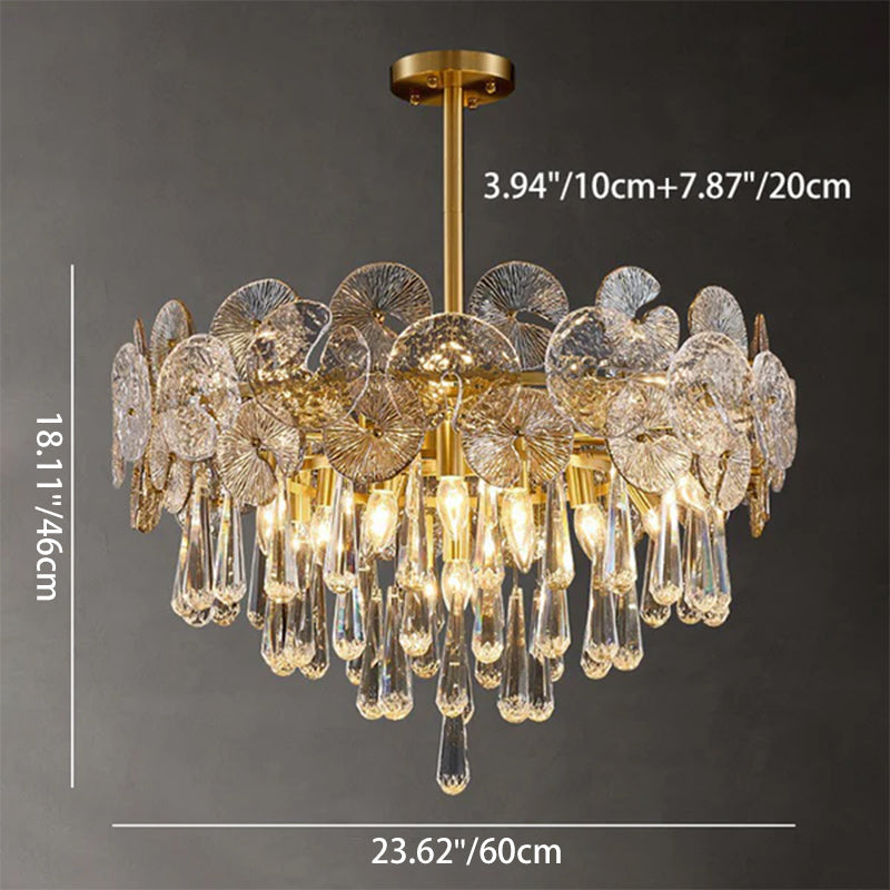 Traditional Luxury Round Teardrop Crystal Copper Glass 6/9/12-light Chandelier for Living Room BulbSquare