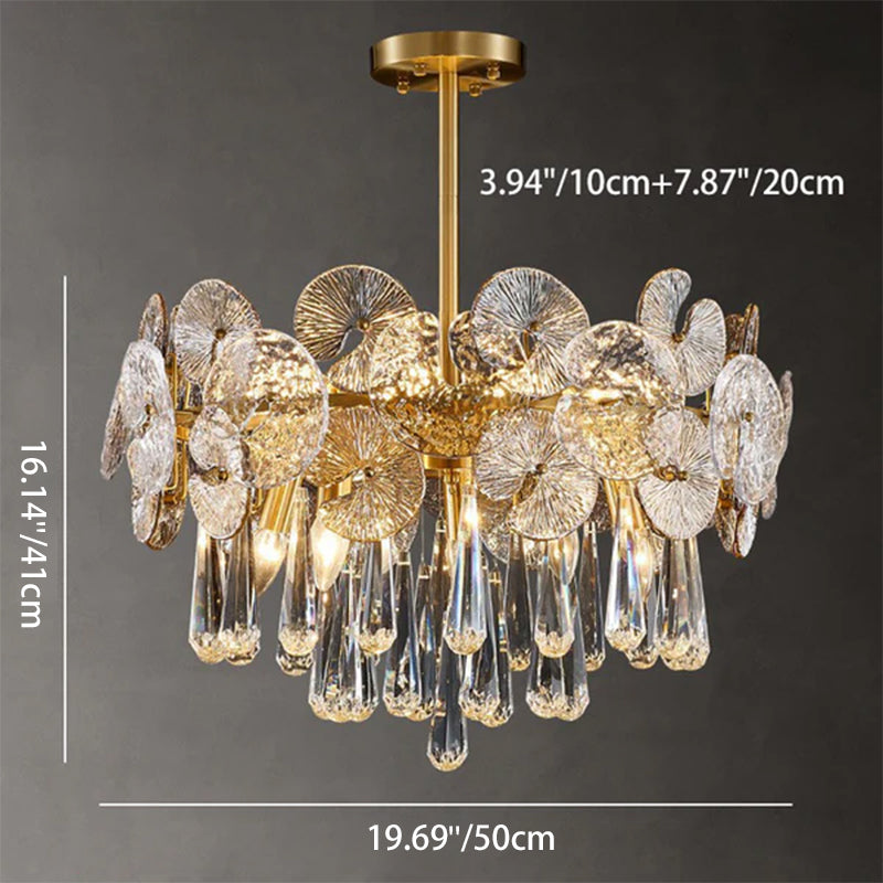 Traditional Luxury Round Teardrop Crystal Copper Glass 6/9/12-light Chandelier for Living Room BulbSquare