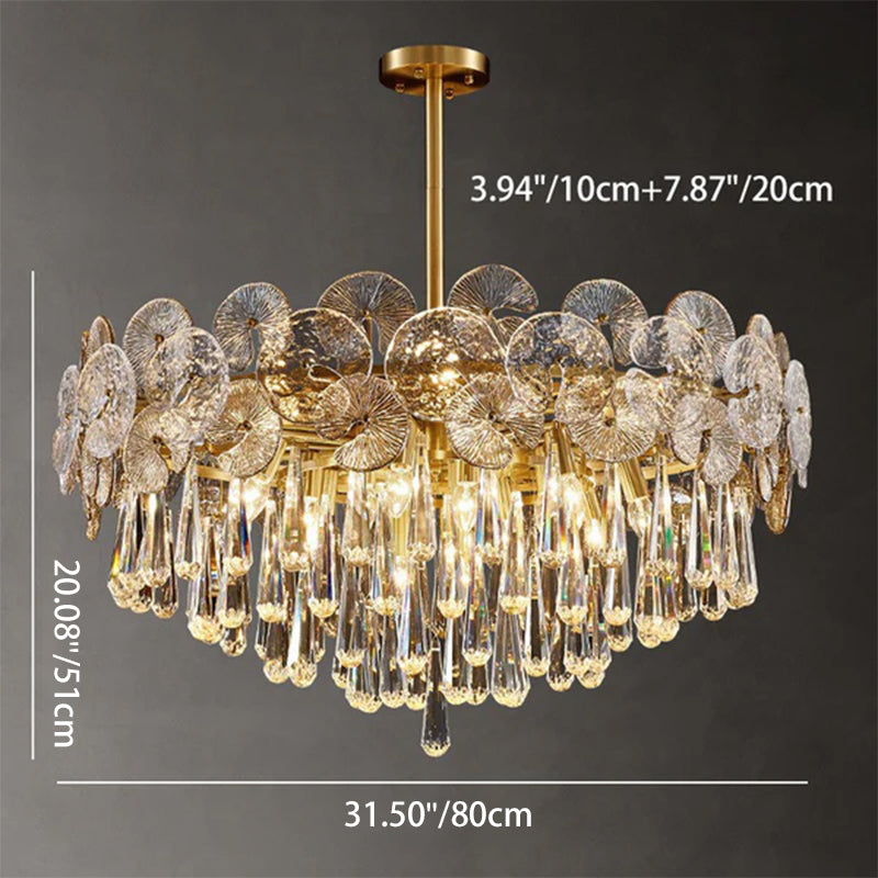 Traditional Luxury Round Teardrop Crystal Copper Glass 6/9/12-light Chandelier for Living Room BulbSquare