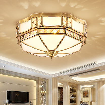Traditional European Copper Glass Crystal Round 3/4/6 Light Flush Mount Lighting For Living Room