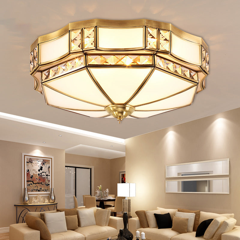 Traditional European Copper Glass Crystal Round 3/4/6 Light Flush Mount Lighting For Living Room