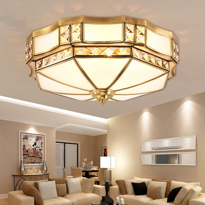 Traditional European Copper Glass Crystal Round 3/4/6 Light Flush Mount Lighting For Living Room