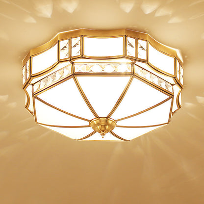 Traditional European Copper Glass Crystal Round 3/4/6 Light Flush Mount Lighting For Living Room