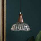 Contemporary Scandinavian Copper Glass Walnut Bowl 1-Light Pendant Light For Dining Room