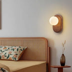 Traditional Japanese Wood Glass Round 1-Light Wall Sconce Lamp For Bedroom