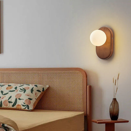 Traditional Japanese Wood Glass Round 1-Light Wall Sconce Lamp For Bedroom