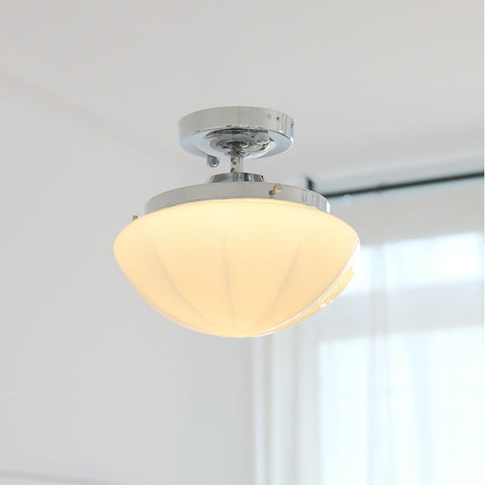 Traditional Vintage Iron Glass Cream Round 1-light Semi-flush Mount Ceiling Light for Hallway