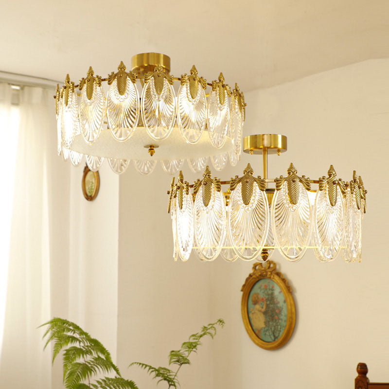 Modern Luxury Copper Iron Glass Peacock Round 5/6/8 Light Semi-flush Mount Ceiling Light for Living Room