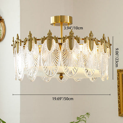 Modern Luxury Copper Iron Glass Peacock Round 5/6/8 Light Semi-flush Mount Ceiling Light for Living Room