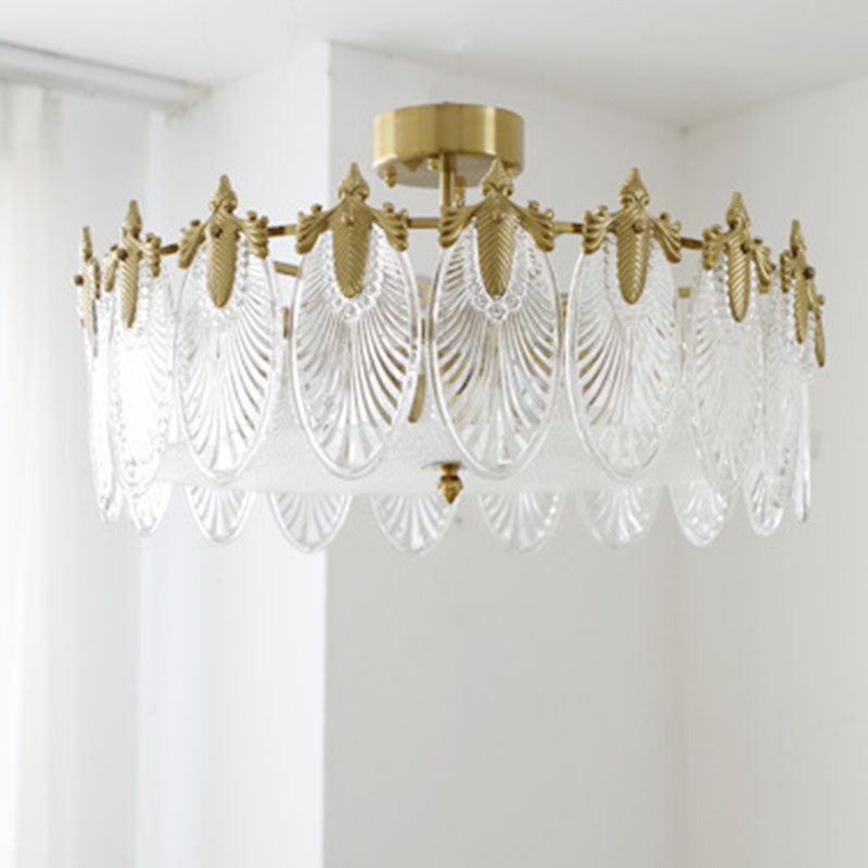 Modern Luxury Copper Iron Glass Peacock Round 5/6/8 Light Semi-flush Mount Ceiling Light for Living Room