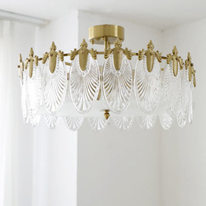 Modern Luxury Copper Iron Glass Peacock Round 5/6/8 Light Semi-flush Mount Ceiling Light for Living Room
