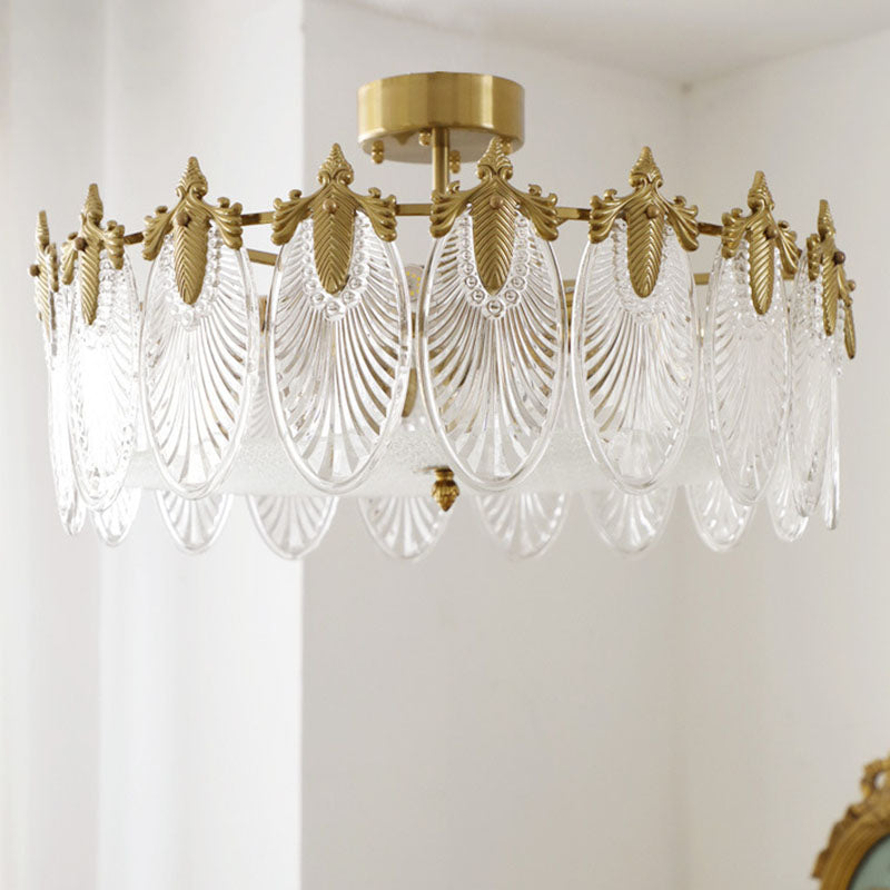 Modern Luxury Copper Iron Glass Peacock Round 5/6/8 Light Semi-flush Mount Ceiling Light for Living Room