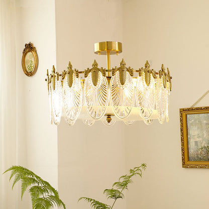 Modern Luxury Copper Iron Glass Peacock Round 5/6/8 Light Semi-flush Mount Ceiling Light for Living Room