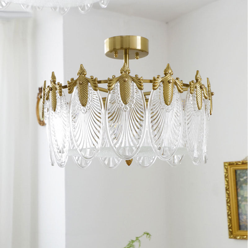 Modern Luxury Copper Iron Glass Peacock Round 5/6/8 Light Semi-flush Mount Ceiling Light for Living Room