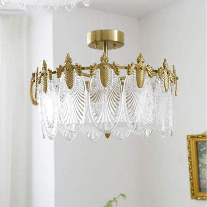 Modern Luxury Copper Iron Glass Peacock Round 5/6/8 Light Semi-flush Mount Ceiling Light for Living Room