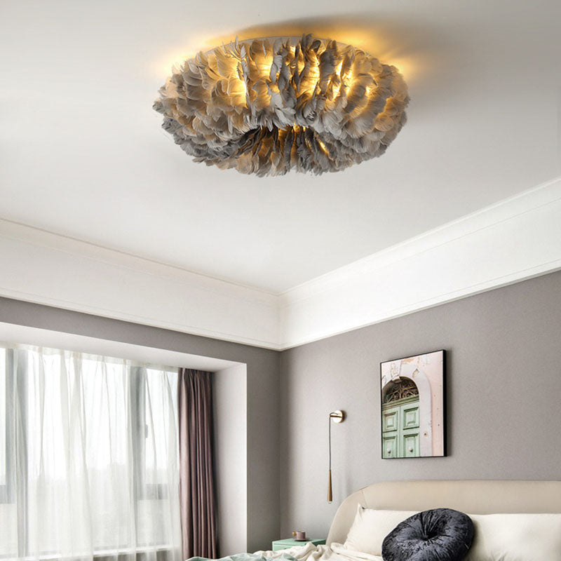 Modern Art Deco Feather Iron Wreath Round 3/6/8 Light Flush Mount Ceiling Light for Bedroom