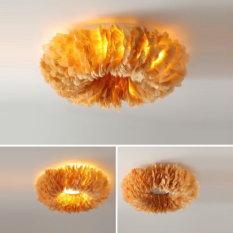 Modern Art Deco Feather Iron Wreath Round 3/6/8 Light Flush Mount Ceiling Light for Bedroom