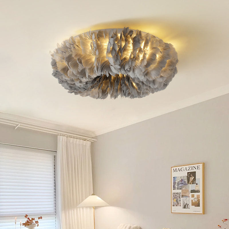 Modern Art Deco Feather Iron Wreath Round 3/6/8 Light Flush Mount Ceiling Light for Bedroom