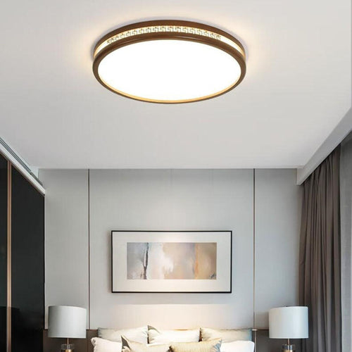Traditional Chinese Wood Acrylic Round LED Flush Mount Ceiling Light For Living Room
