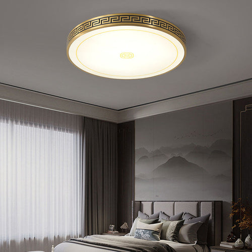 Traditional Chinese Copper Acrylic Round LED Flush Mount Ceiling Light For Living Room
