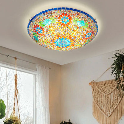Traditional Tiffany Metal Glass Floral Pattern Round 2/3/4 Light Flush Mount Ceiling Light for Bedroom